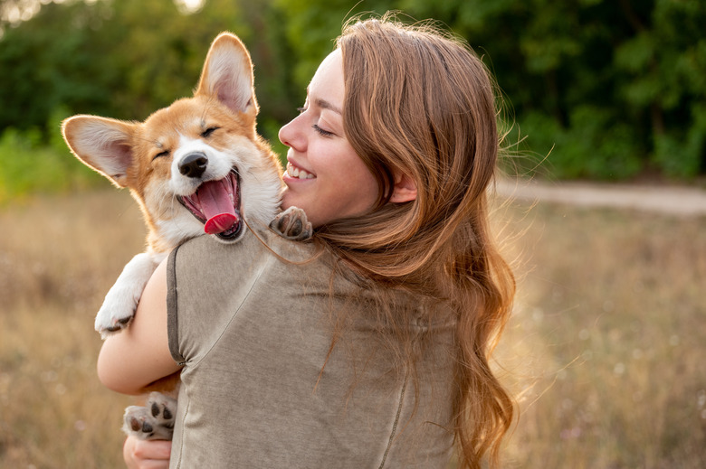 Portrait: young woman with laughing corgi puppy