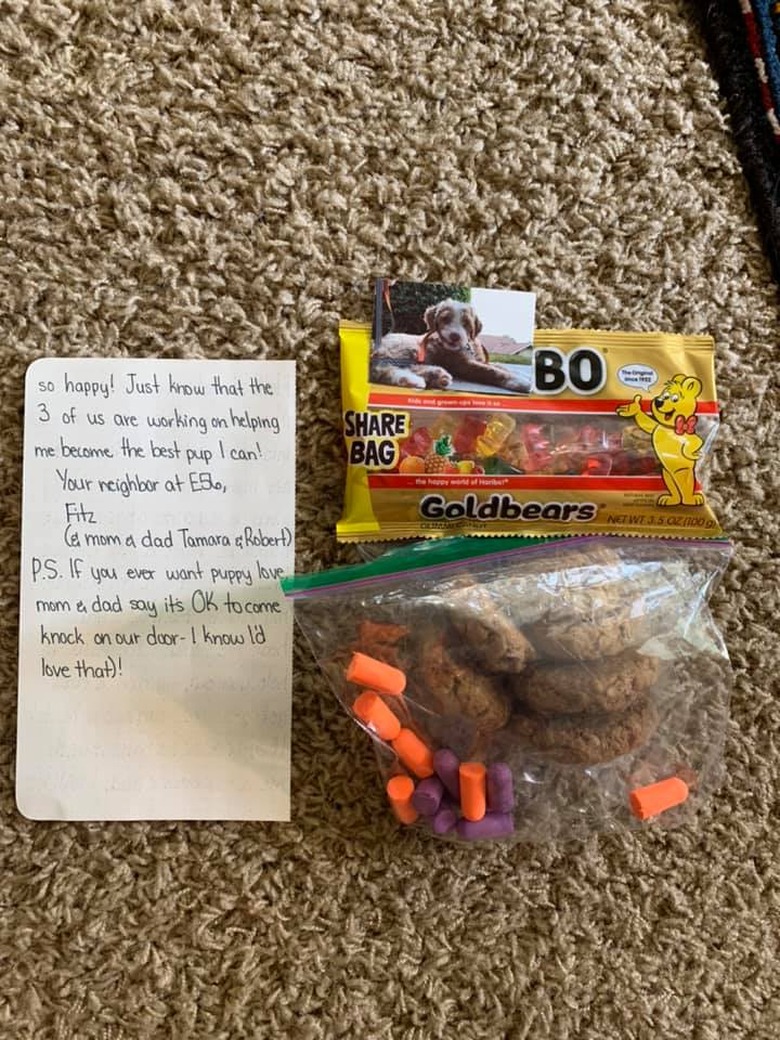 A puppy apologizes to neighbors for barking in a letter with gummy bears
