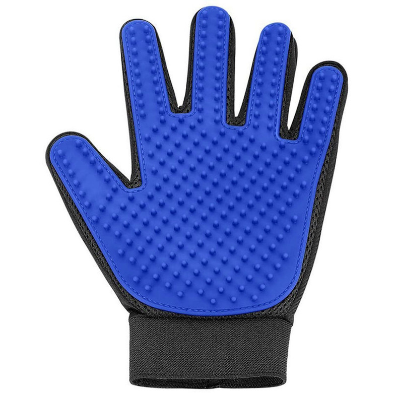 Blue DELOMO Pet Grooming Glove with little nubbies.