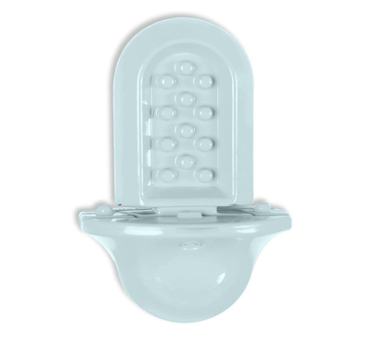 Light blue dog crate lickable toy.