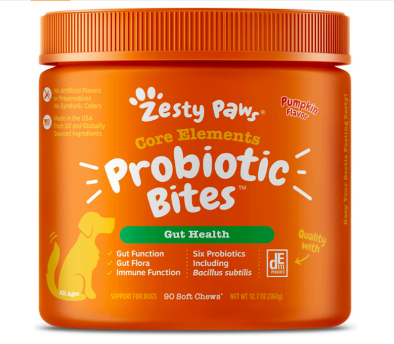 Orange container of Zesty Paws Probiotic Bites for Dogs 90 or 250 Count
