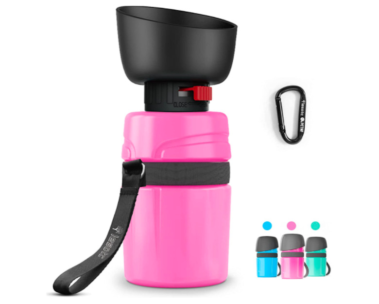 lesotc Pet Water Bottle for Dogs in pink with carbiner.