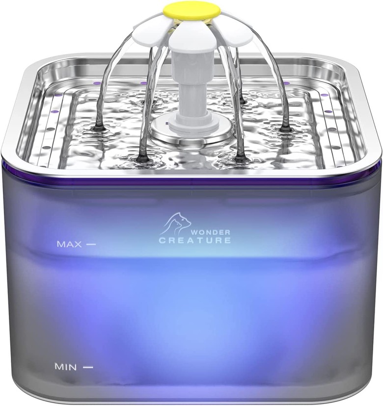 Wonder Creature Cat Water Fountain in blue with an internal LED light and stainless steel lid.