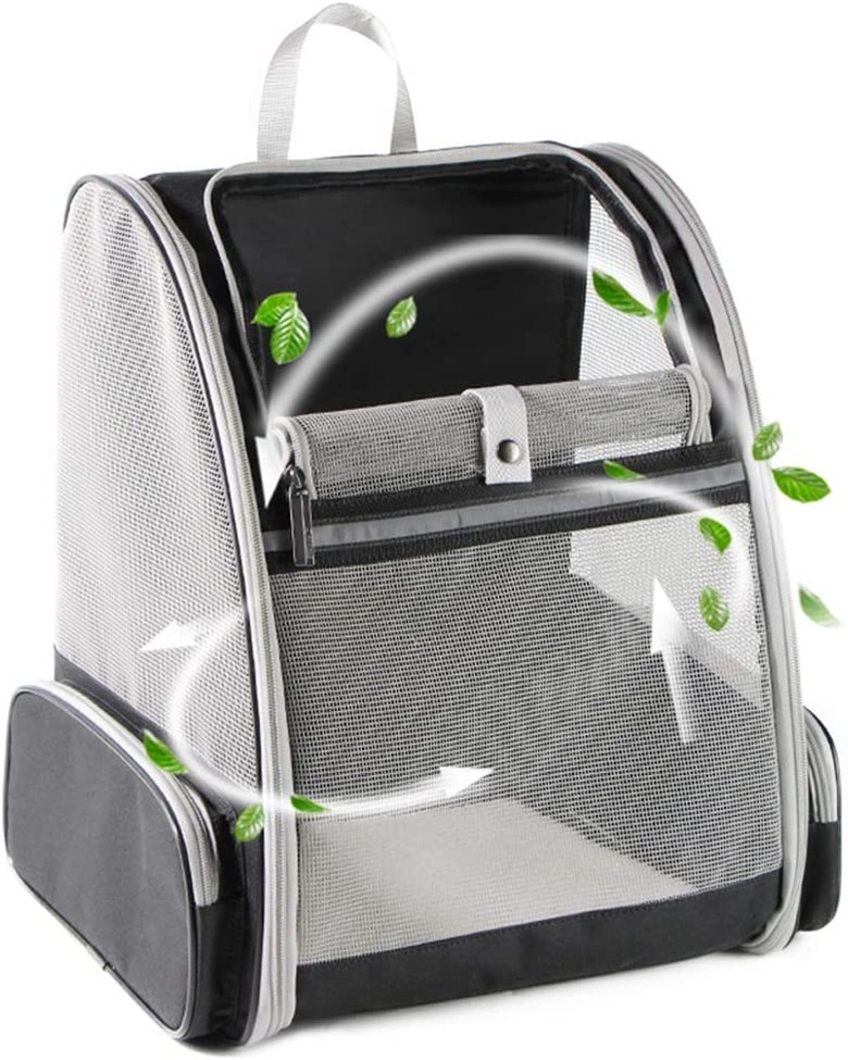 Gray and black mesh cat carrier with an internal leash and windows that zip all the way open.