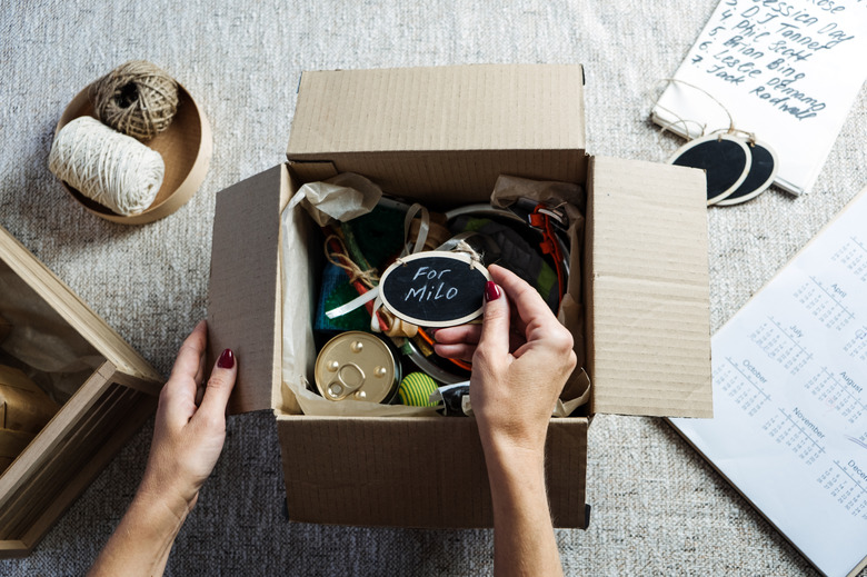 Female hands put stuff in Pet Subscription Box for Dogs and Cats. Subscription pet box with Organic Treats