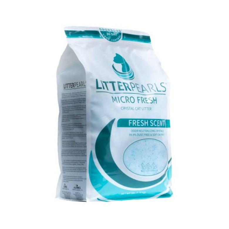 A 7-pound bag of Litter Pearls Micro Fresh Scented Non-Clumping Crystal Cat Litter with Odorbond against a white background. The bag is positioned on an angle and reads 30-day odor control at the top.