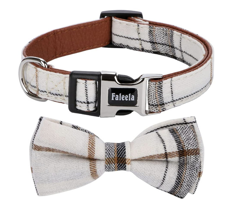 Faleela Bow Tie Dog Collar in off-white with tan and gray plaid pattern.