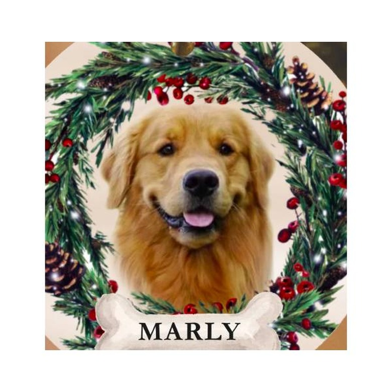 A white ornament with a photo of a golden retriever and wreath on it
