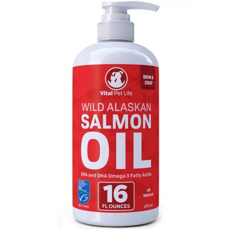 A 16-ounce pump bottle of Vital Pet Life Salmon Oil for Dogs and Cats against a white background.