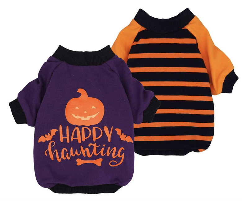 Set of two Halloween dog shirts. One is purple with black trim and says Happy Halloween on the back in orange with a pumpkin