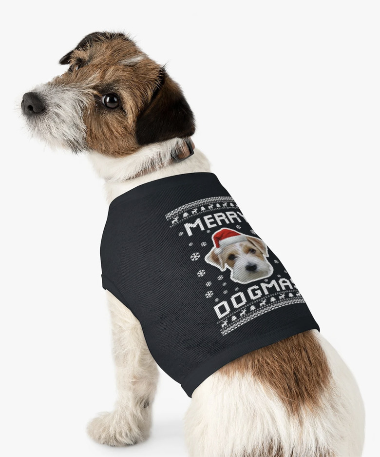 Personalized ugly Christmas sweater for dogs that says Merry Dogmas and has a photo of their face on the back.