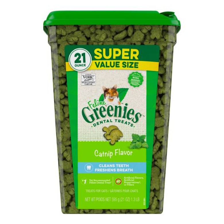 A large container of Greenies Feline Catnip Flavor Adult Dental Cat Treats