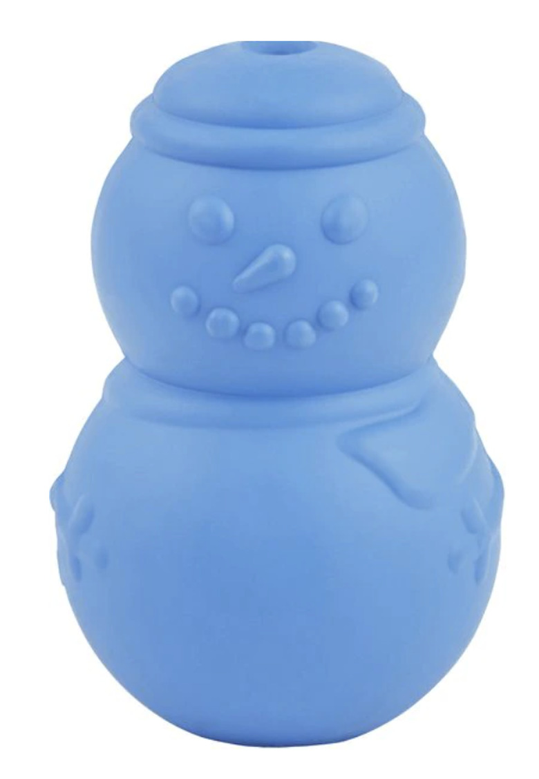 Rubber Treat Dispenser Dog Toy shaped like a blue snowman.