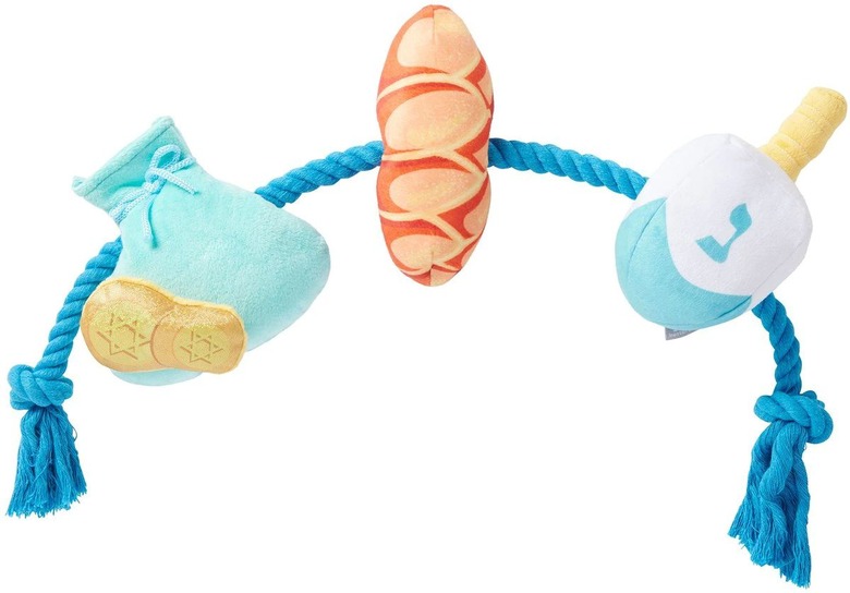 Hanukkah dog rope toy with a dreidel