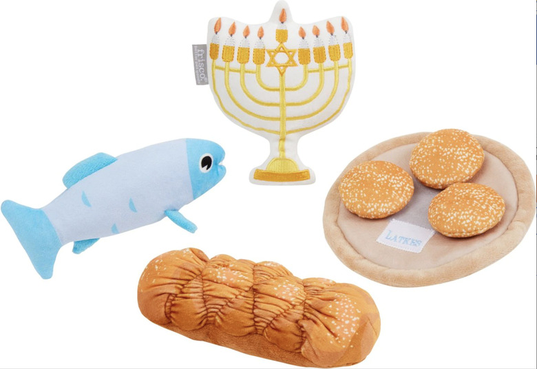 Hanukkah plush dog toys shaped like a fish