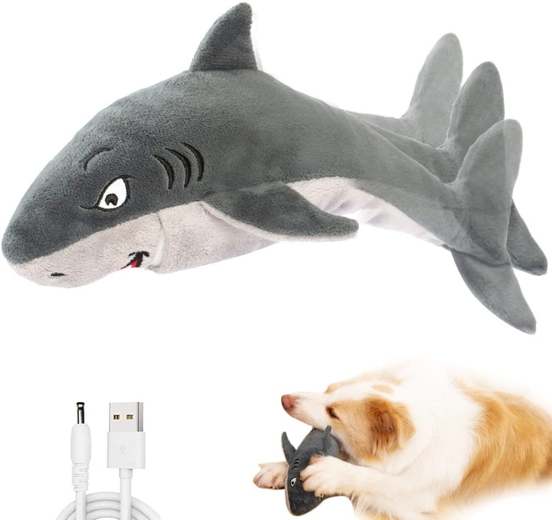 a large dog chews on a shark toy