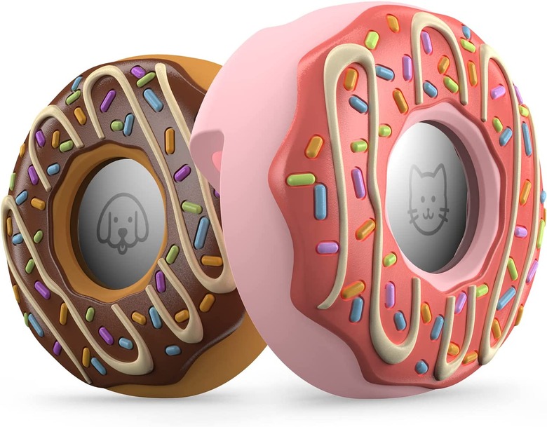 Two Air Tag holders for pets that look like donuts. One is pink with sprinkles and the other is brown like chocolate with sprinkles.