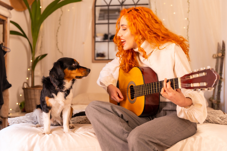 Red-haired young girl playing the guitar and singing in the room with her dog