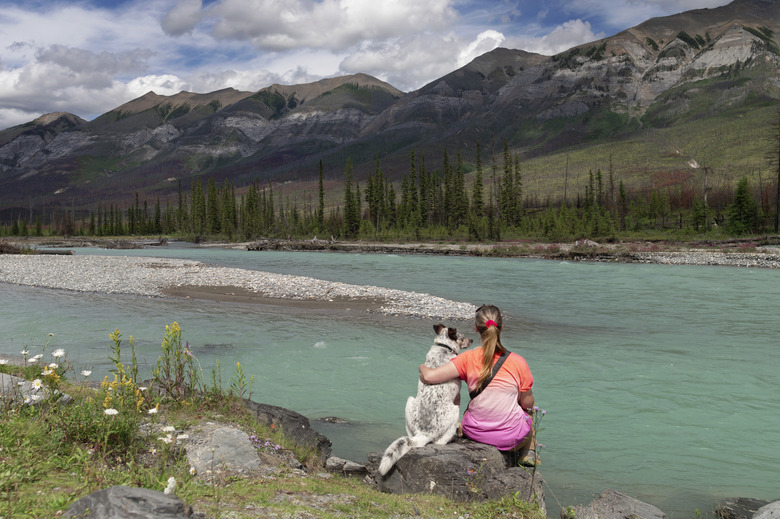 Woman and dog enjoying view in Kootenay National Park