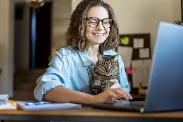 Happy young business woman working using laptop from home