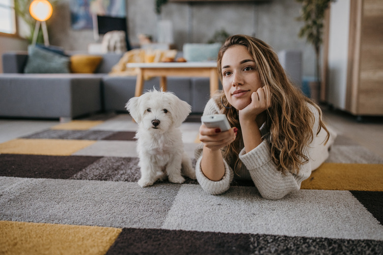 A woman and her dog are laying on a living room floor watching a movie together.