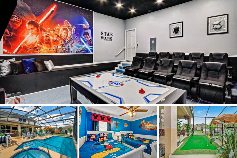 Collage of Disney-themed rooms and outdoor entertaining spaces.