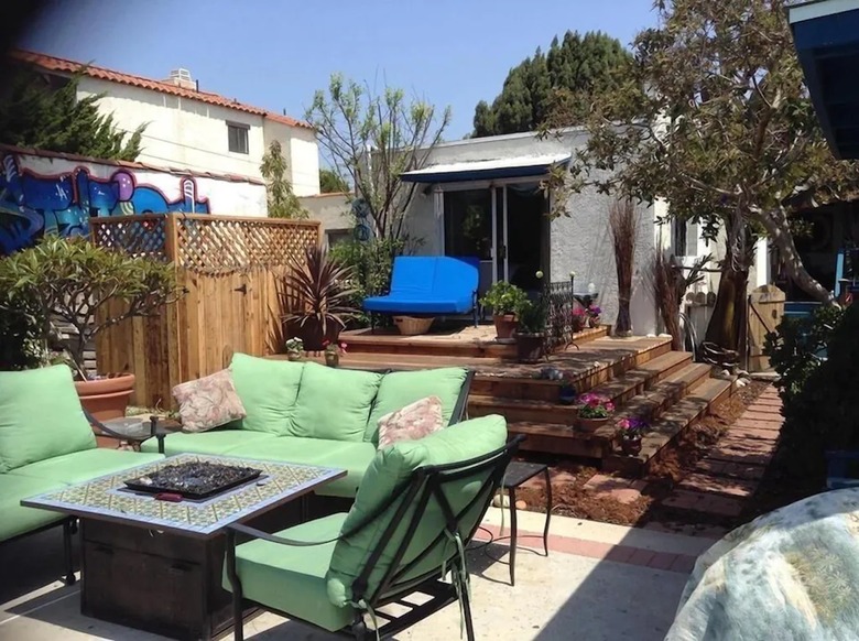 Various outdoor seating in private backyard in Santa Monica