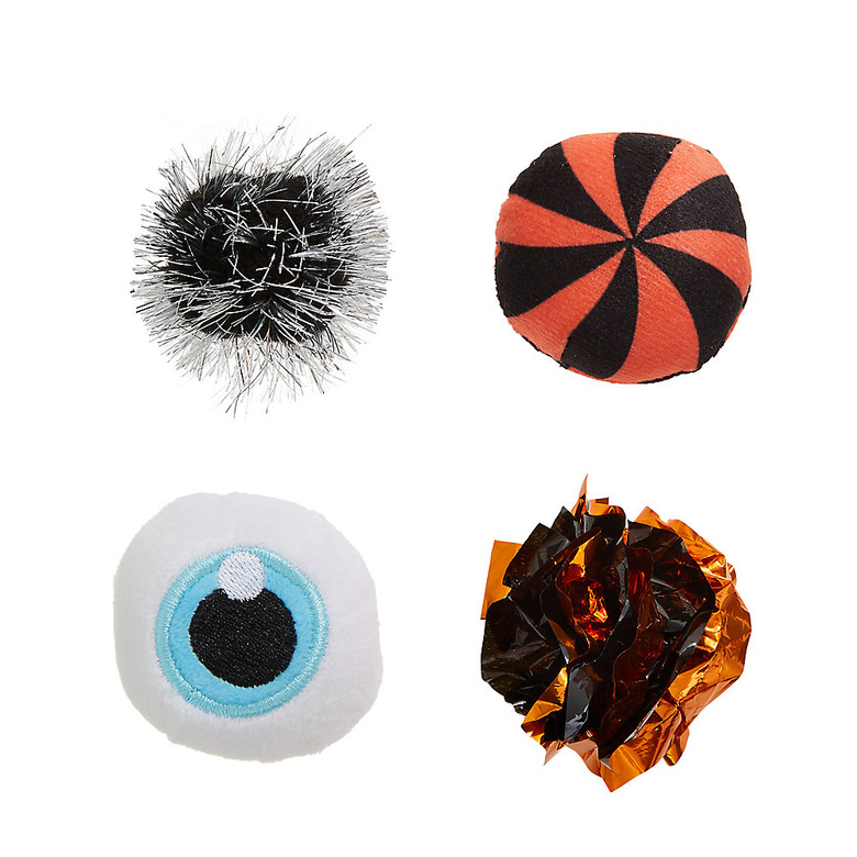 Four Halloween-themed cat balls for swating and pouncing.