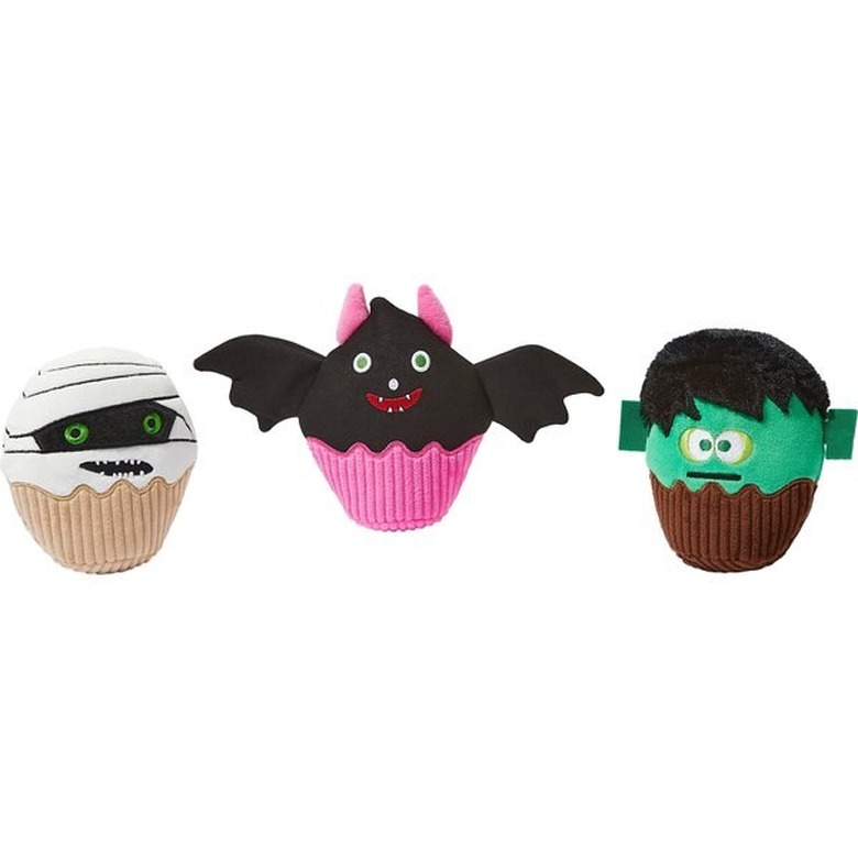 Three-pack of Halloween cupcake toys for dogs. One is a mummy