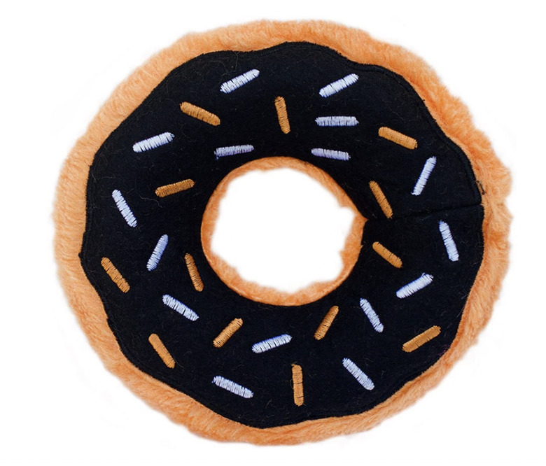 Donut-like Halloween dog toy with orange and black 'frosting' and orange and light blue 'sprinkles.' It doesn't have any stuffing but it does have 2 squeakers..