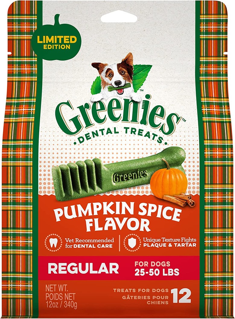 Greenies pumpkin spice flavor dental dog treats in size regular 12 per bag.