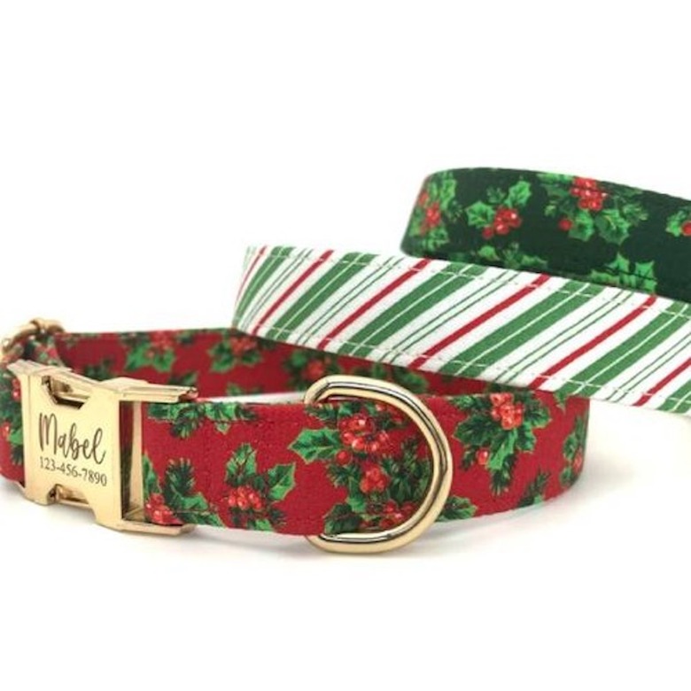 Three personalized Christmas Cat Collars with Bells in holly