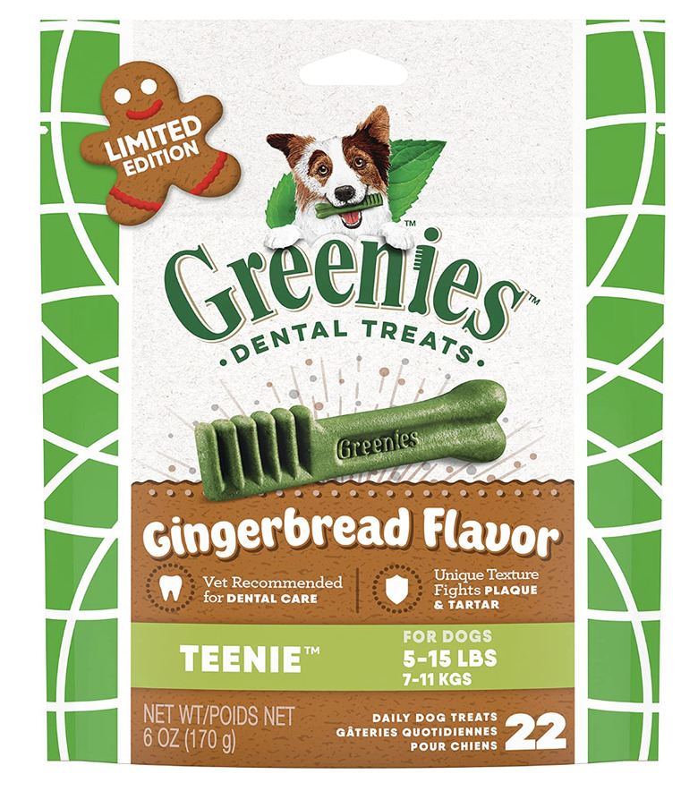 Greenies dental treats in a gingerbread flavor. Pictured here is the Teenie 5-15 lbs. size.