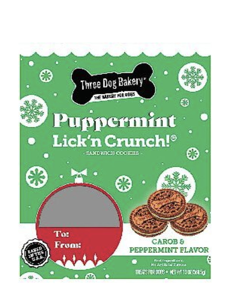 Puppermint lick'n crunch dog treats that resemble Oreos with green