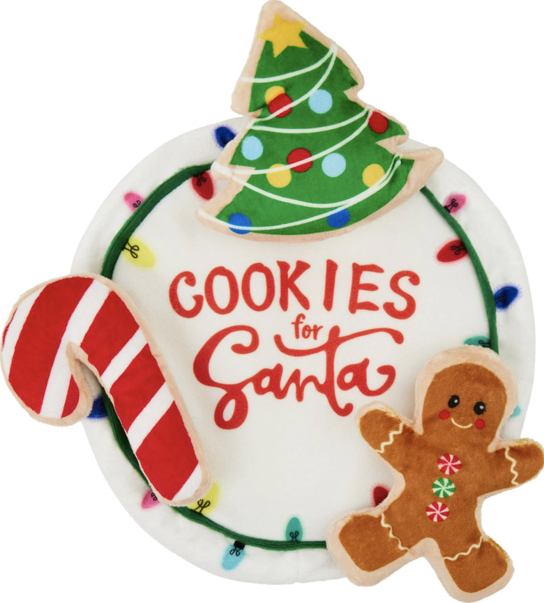 Soft frisbee-shaped plate and three squeaky toy cookies for Santa.