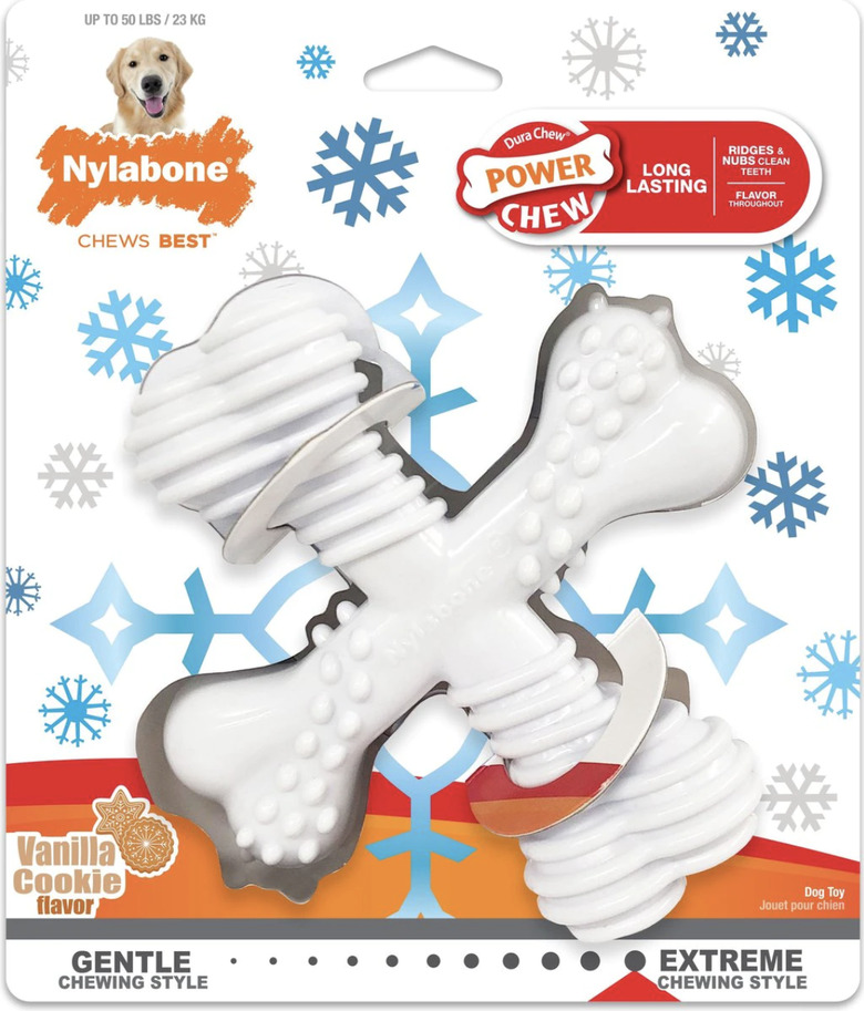 Two Nylabone bone-shaped dog chew toys in vanilla cookie flavor.