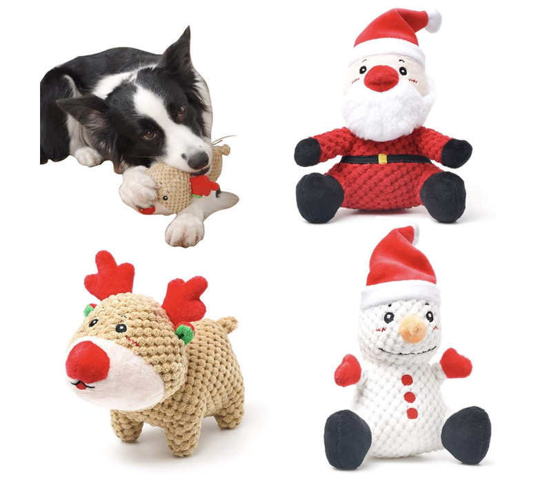 3-pack of durable holiday-themed dog toys including Rudolph
