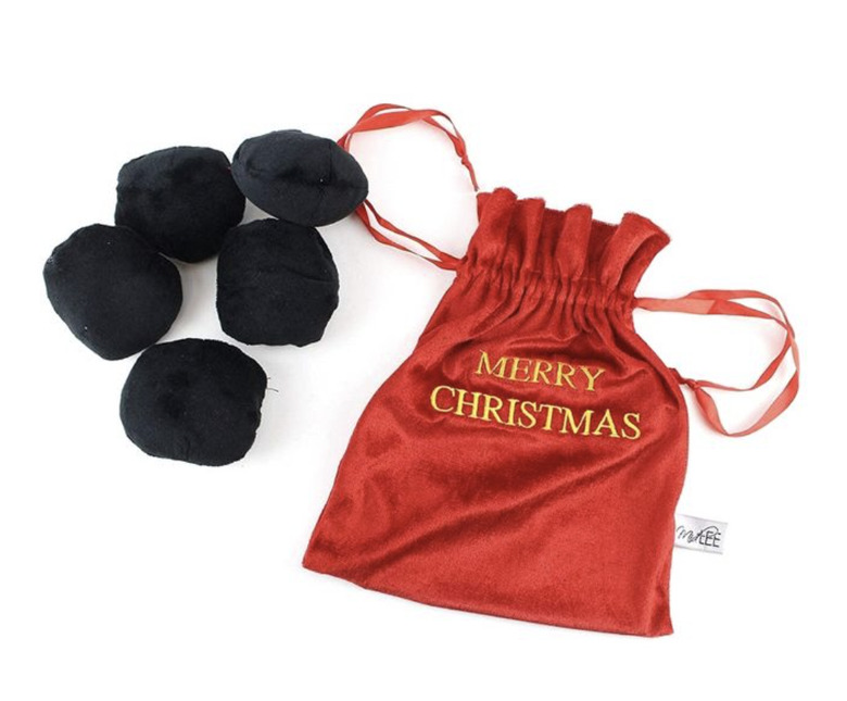 Red Santa's sack that says Merry Christmas in gold lettering with black pieces of coal that your dog can play with.