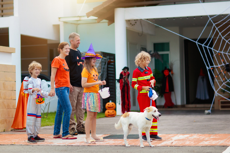 Kids trick or treat. Halloween fun for children.