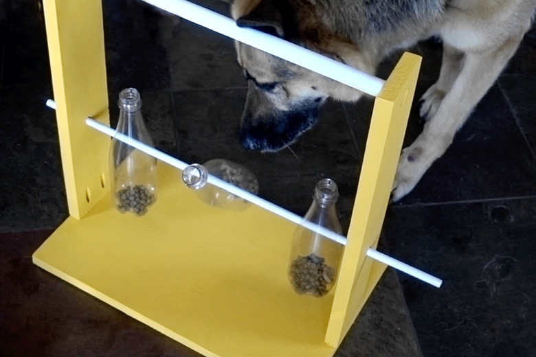German shepherd solving DIY dog puzzle feeder.