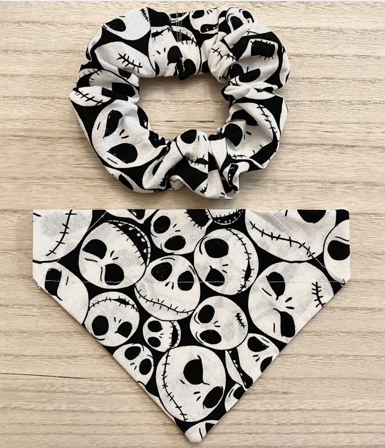 Jack Skellington printed dog bandana and matching hair scrunchie.