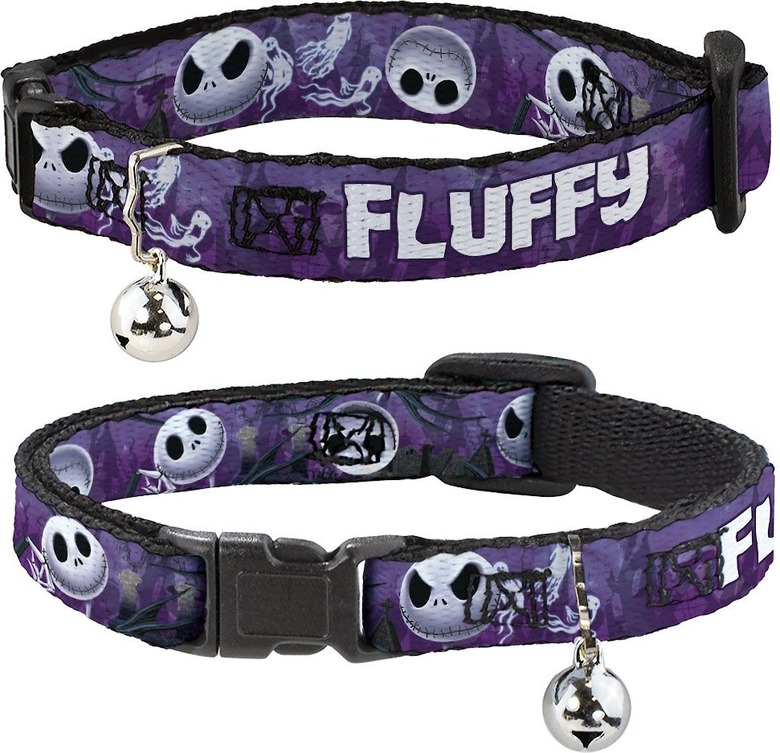 Purple cat collar with black plastic hardware. It has different Jack faces on it and your cat's name in bold