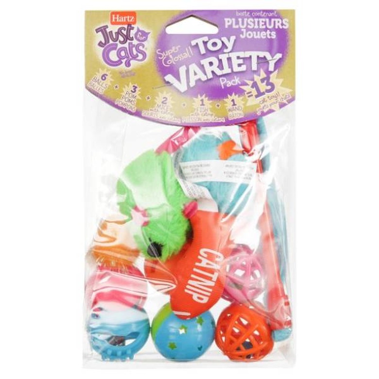 A Hartz Just For Cats Cat Toy Variety Pack filled with 13 toys