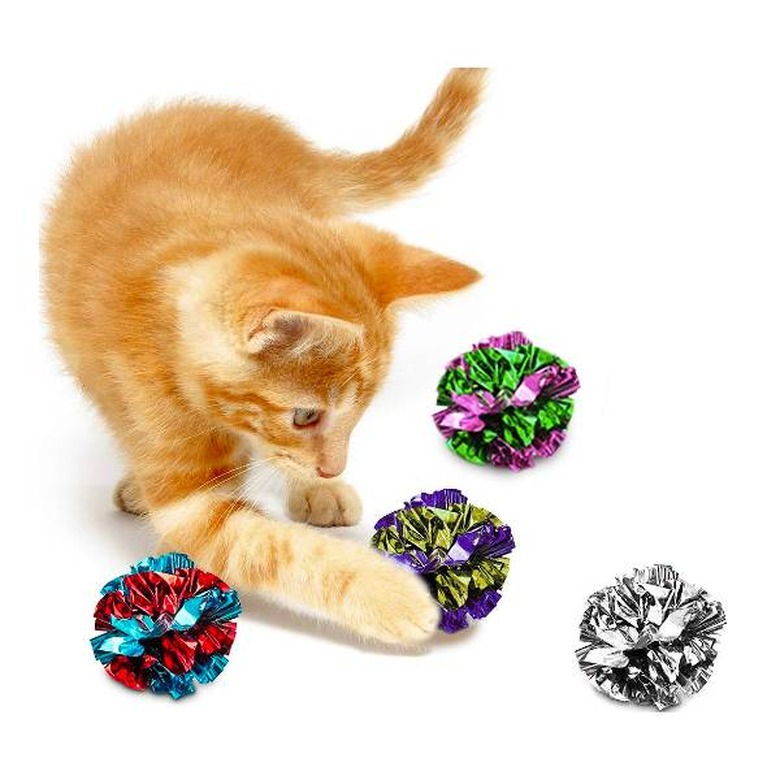 An orange cat playing with multi-colored SunGrow Kitty Crinkle Balls Indoor Cat Toy