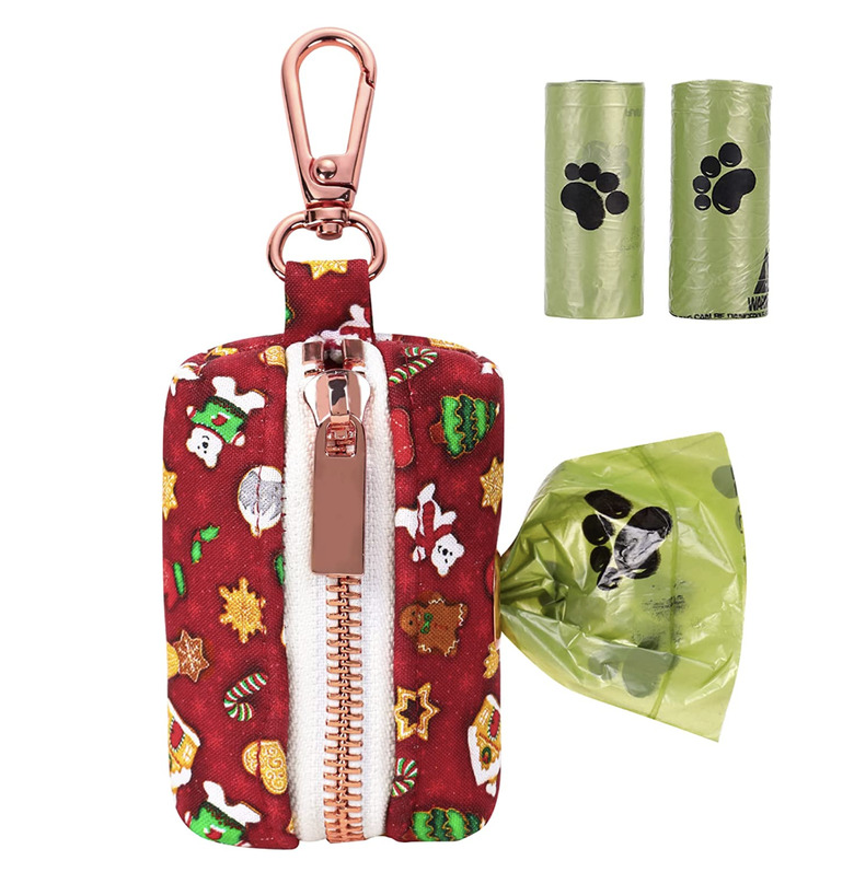 Christmas-themed dog poop bag holder in red