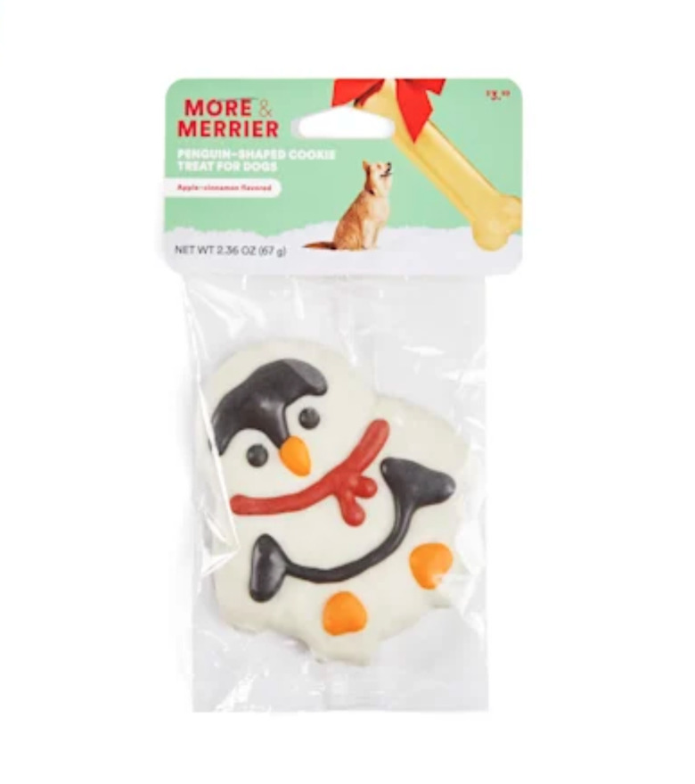 Holiday penguin-shaped frosted cookie for dogs