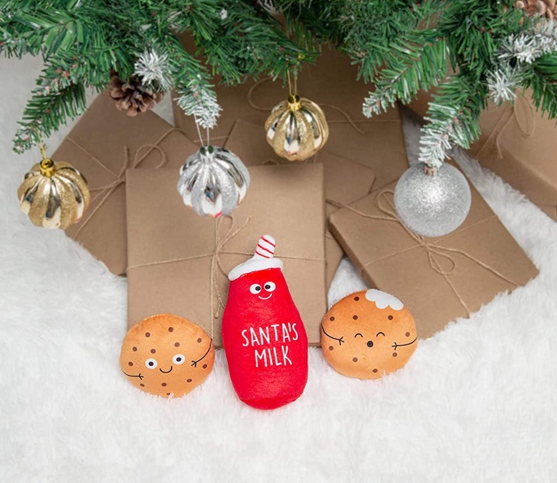 Red Santa's Milk plush dog toy and smiling cookie plush dog toys.