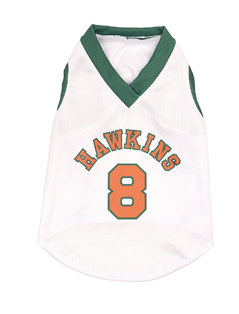 Stranger Things basketball jersey for dogs. The jersey is white and sleeveless