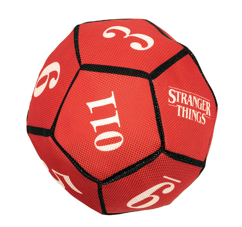 Stranger Things plush dice toy that's shaped like a soccer ball and has numbers and the Stranger Things logo printed on it. The ball is pictured against a white background.