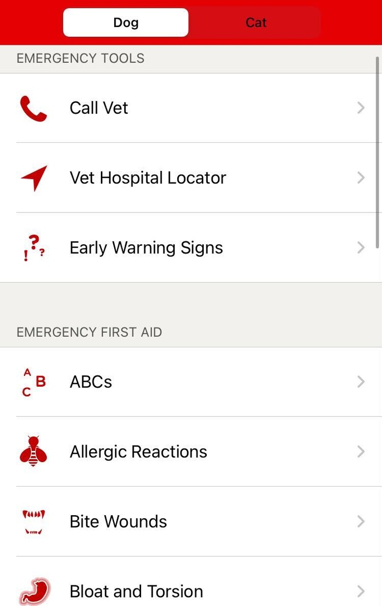 Screenshot of a pet first aid app menu with options to call a veterinarian and symtoms search.